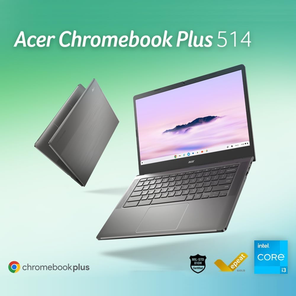 Chromebook Plus 514 Laptop with Google AI, Intel 8-Core i3-N305, 8 GB LPDDR5, 512 GB SSD, 14" FHD IPS Touch Screen, Wi-Fi 6E, Chrome OS L185