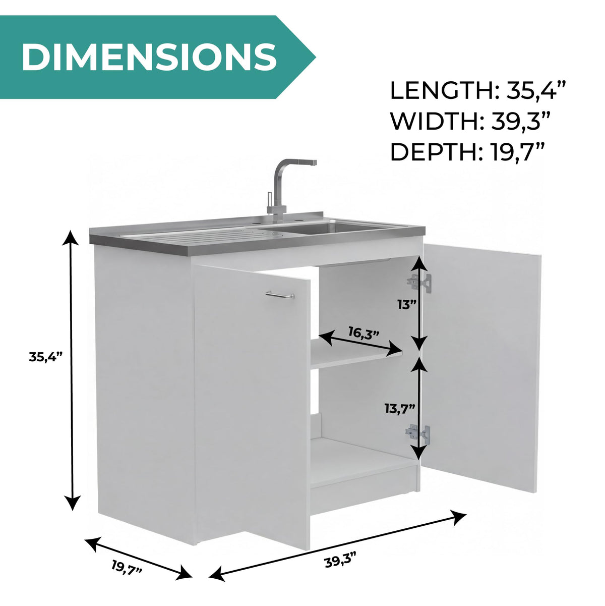 White 39 in Kitchen Sink Cabinet with Stainless Steel Top Y45143