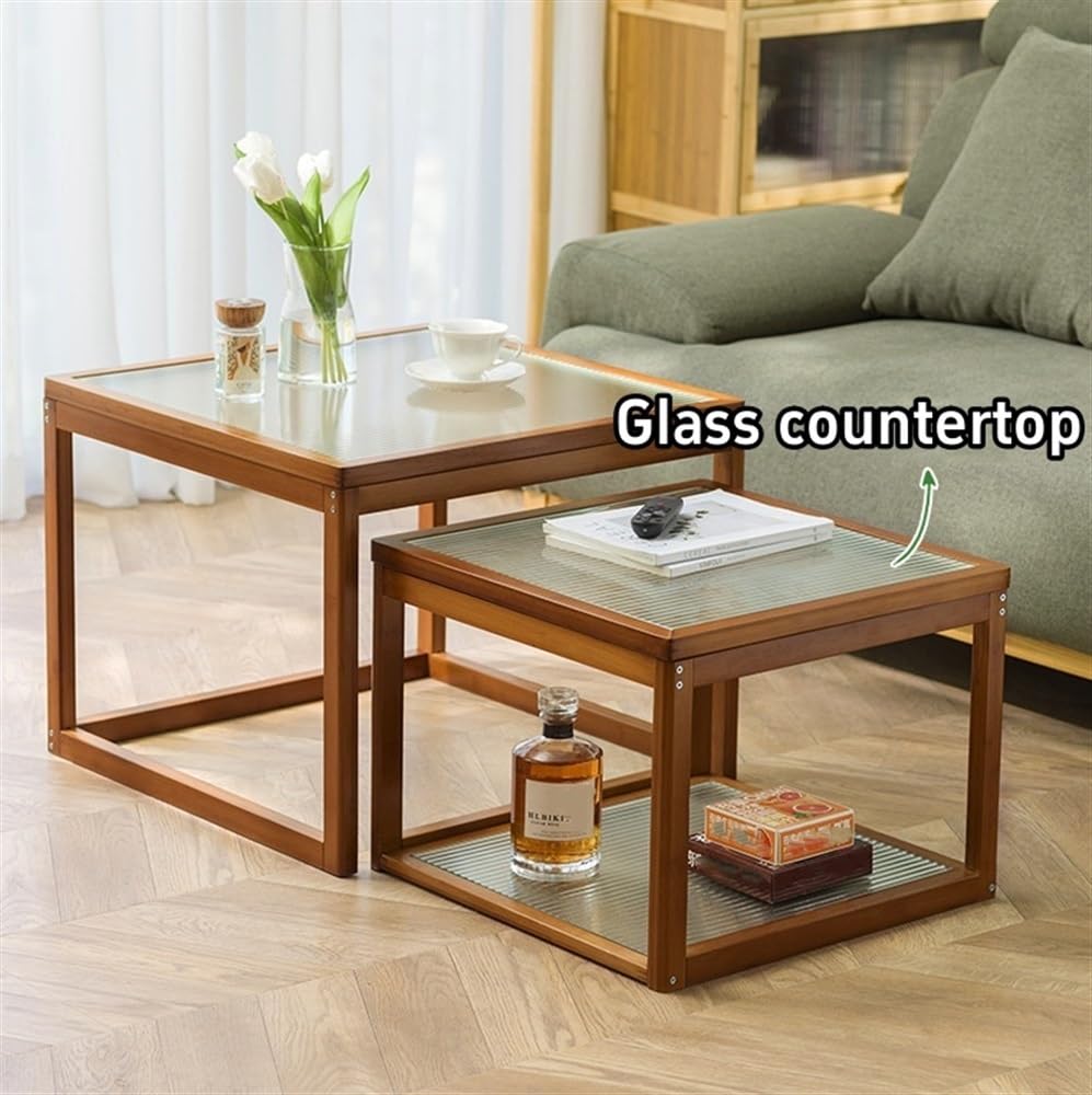 Nesting Coffee Tables Set of 2 Wooden Square Side Table with Tempered Glass Top Z160744