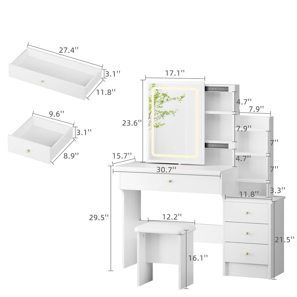 White Makeup Vanity Desk with Sliding Mirror & 4 Drawers R24225