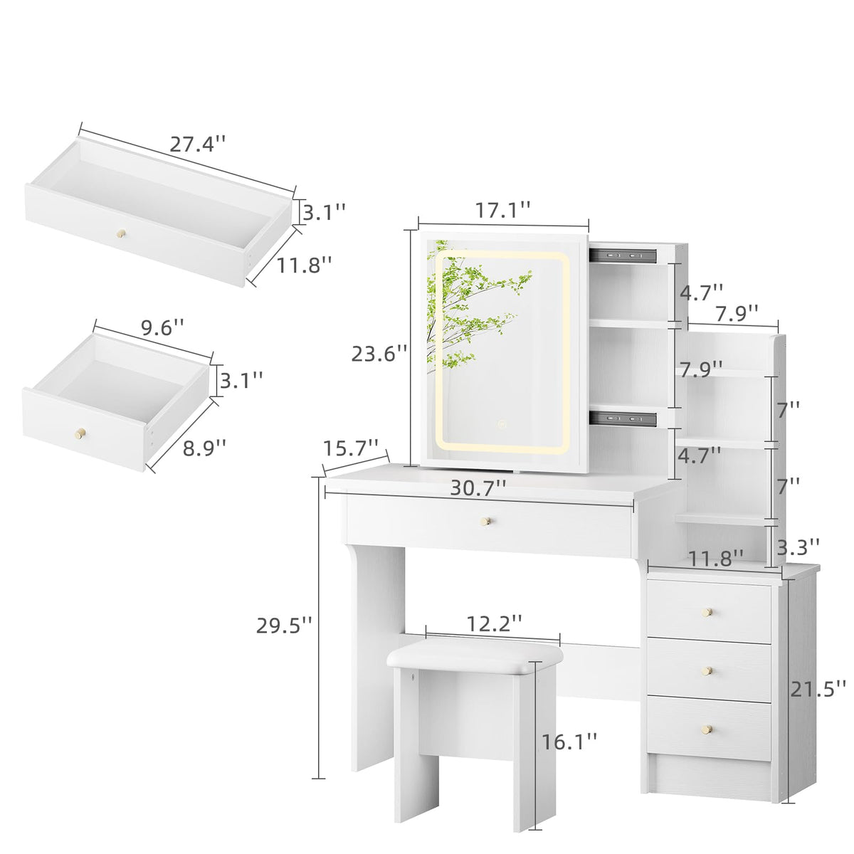 White Makeup Vanity Desk with Sliding Mirror & 4 Drawers R24225