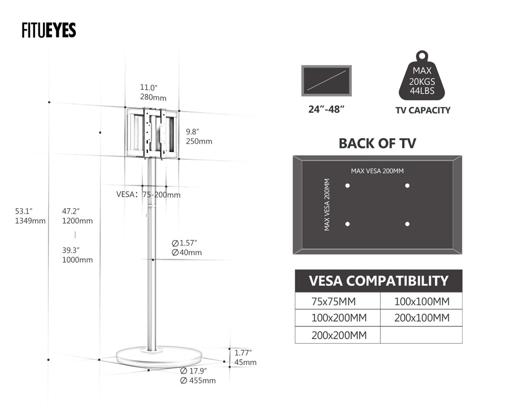 Small Rolling TV Cart for 24-48 Inch TVs, White B3503