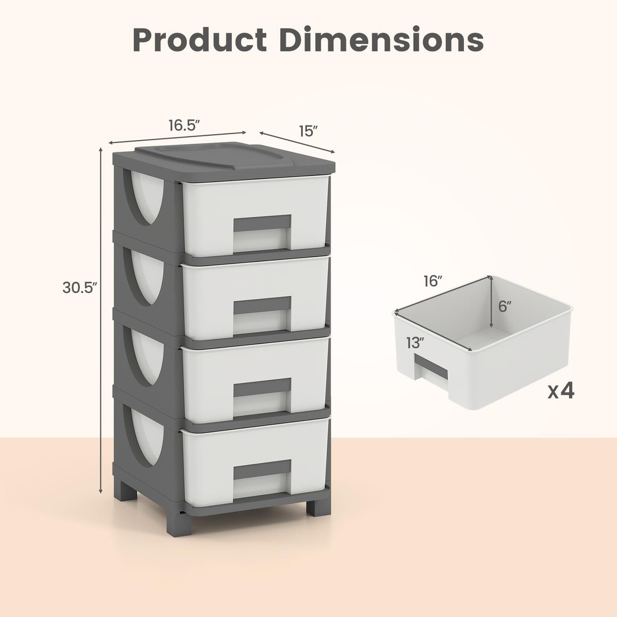 White Grey 4 Drawer Plastic Storage Tower W529