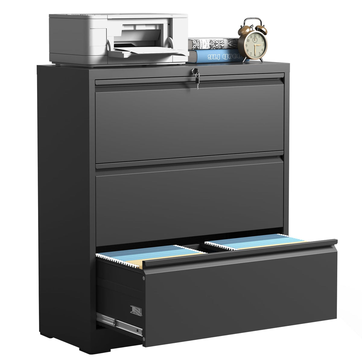 Black 3 Drawer Locking Metal File Cabinet F3689