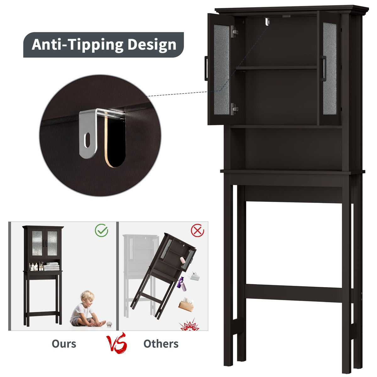 Over Toilet Storage Cabinet with Glass Doors and Adjustable Shelf X9058