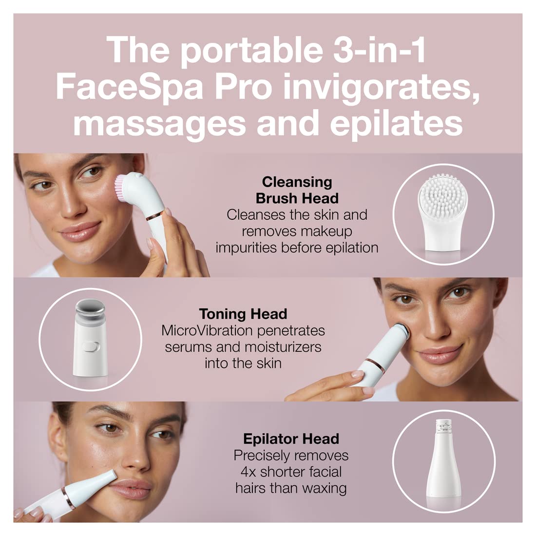 Facial Hair Removal Device 3-in-1 Epilating Cleansing Brush and Skin Toning C5475