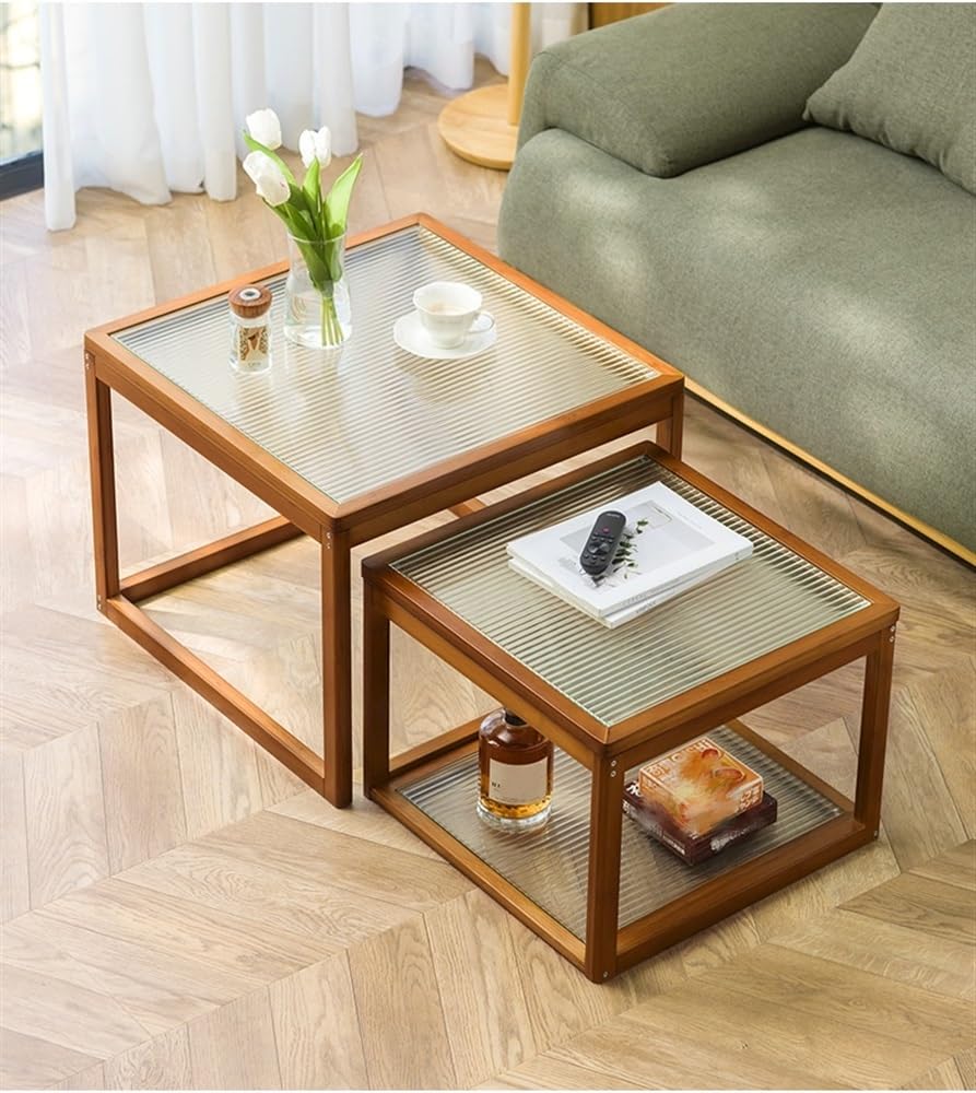Nesting Coffee Tables Set of 2 Wooden Square Side Table with Tempered Glass Top Z160744