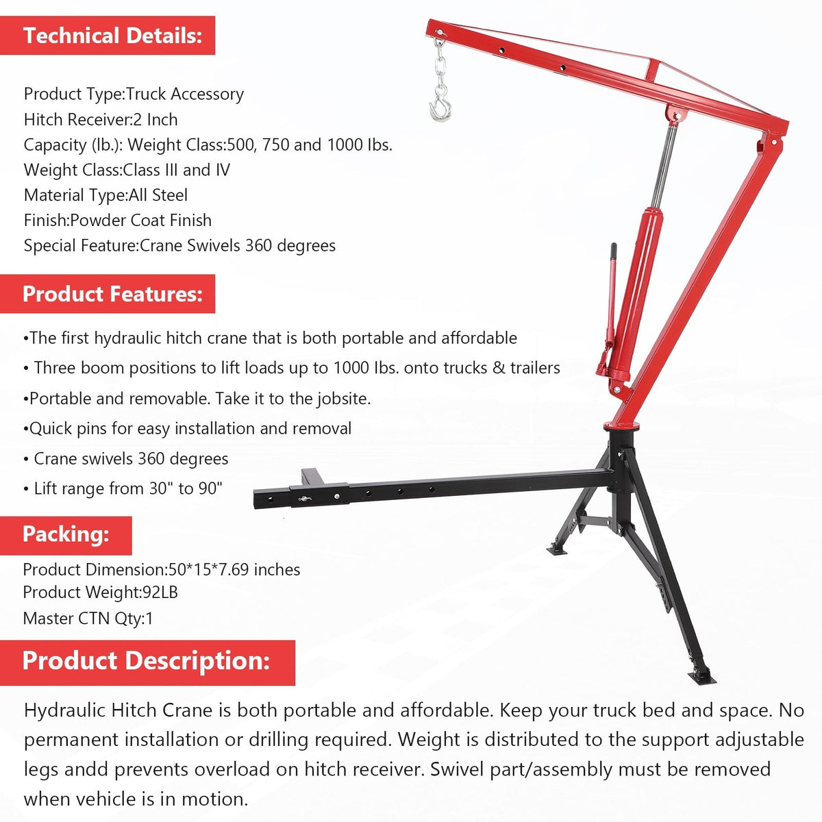 Hydraulic Pickup Truck Crane 1000 Lbs 360° Swivel Hitch Mounted K80319