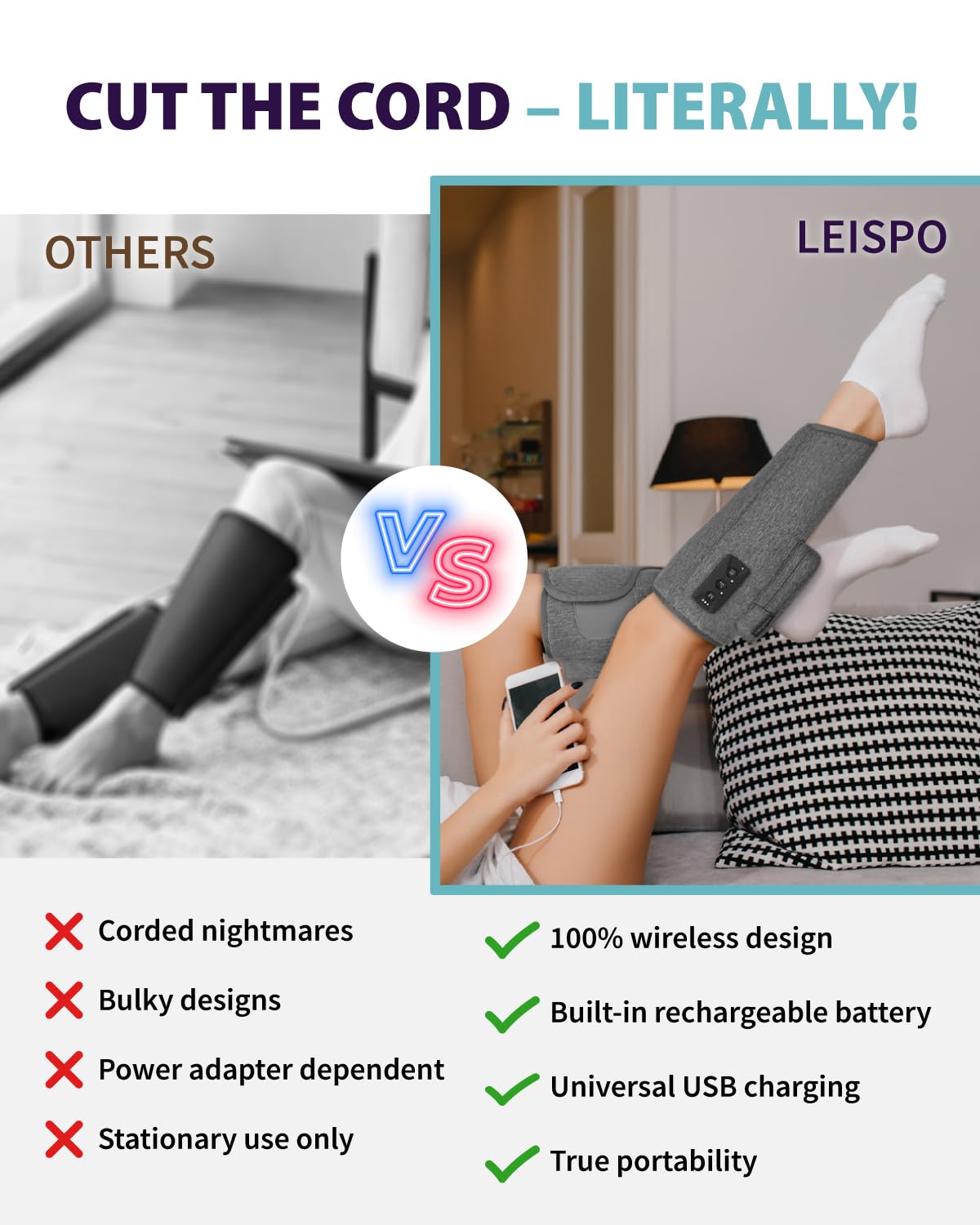 Wireless Air Compression Leg Massager with Heat, 4 Modes, Set of 2 Z901710