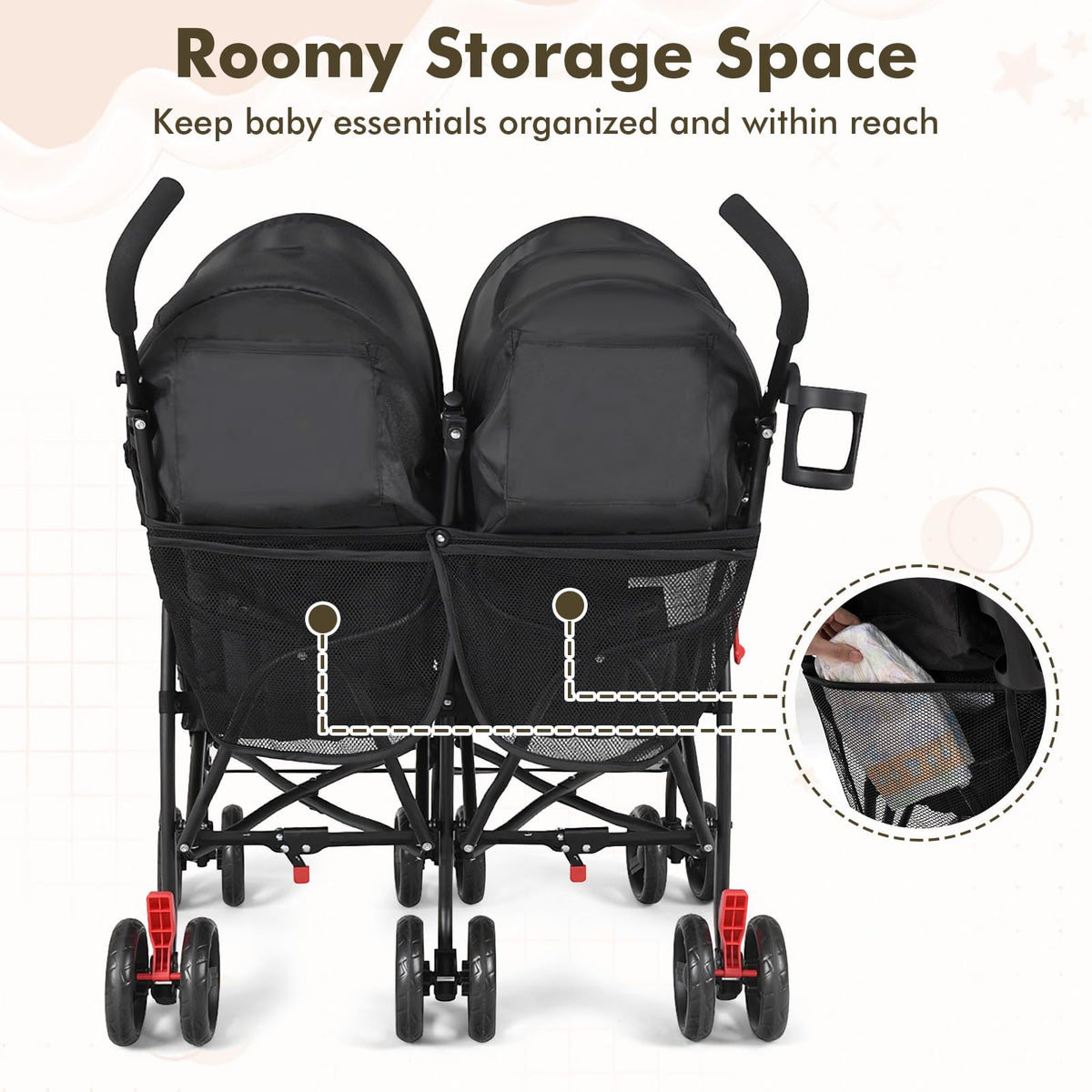 Lightweight Double Umbrella Stroller with Cup Holder and Adjustable Canopy B1335