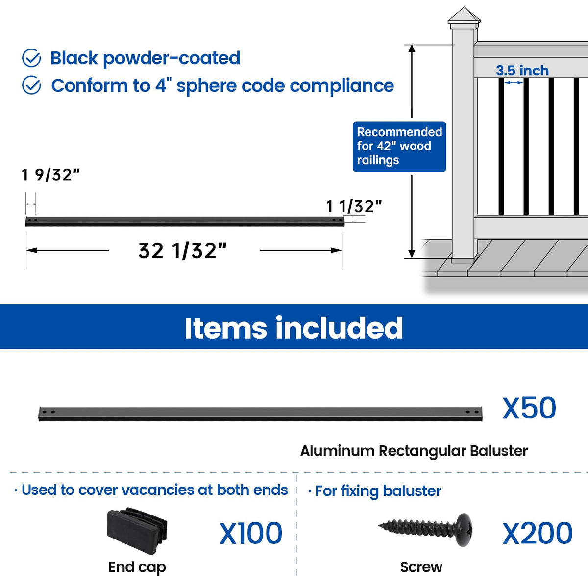 50Pack 32" Black Aluminum Rectangular Deck Balusters H8279