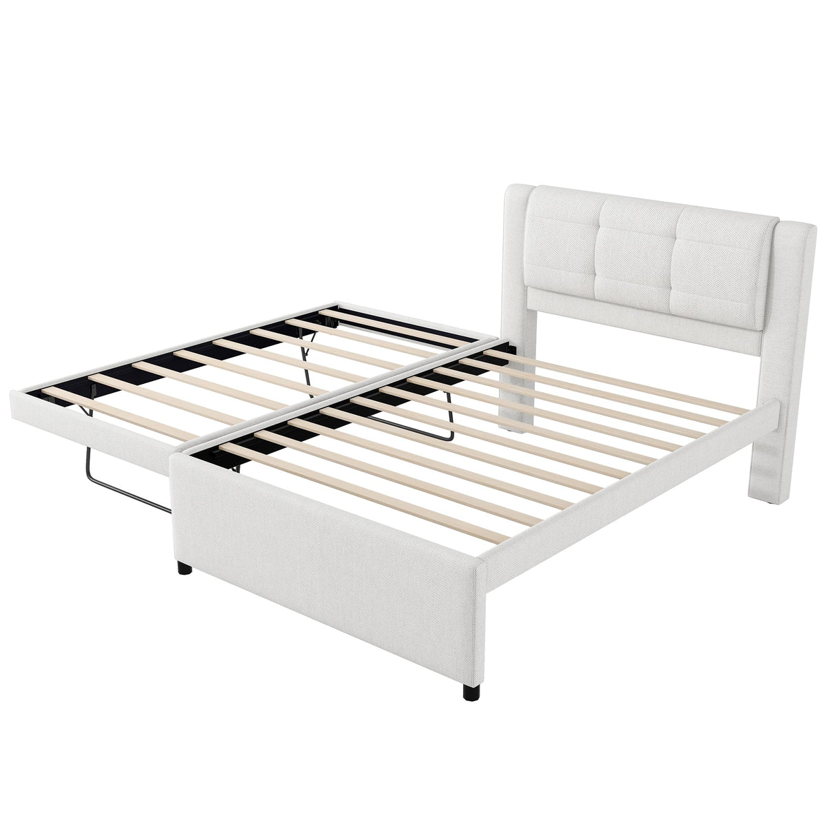 Full Size Linen Fabric Upholstered Platform Bed with Twin Size Trundle B22199