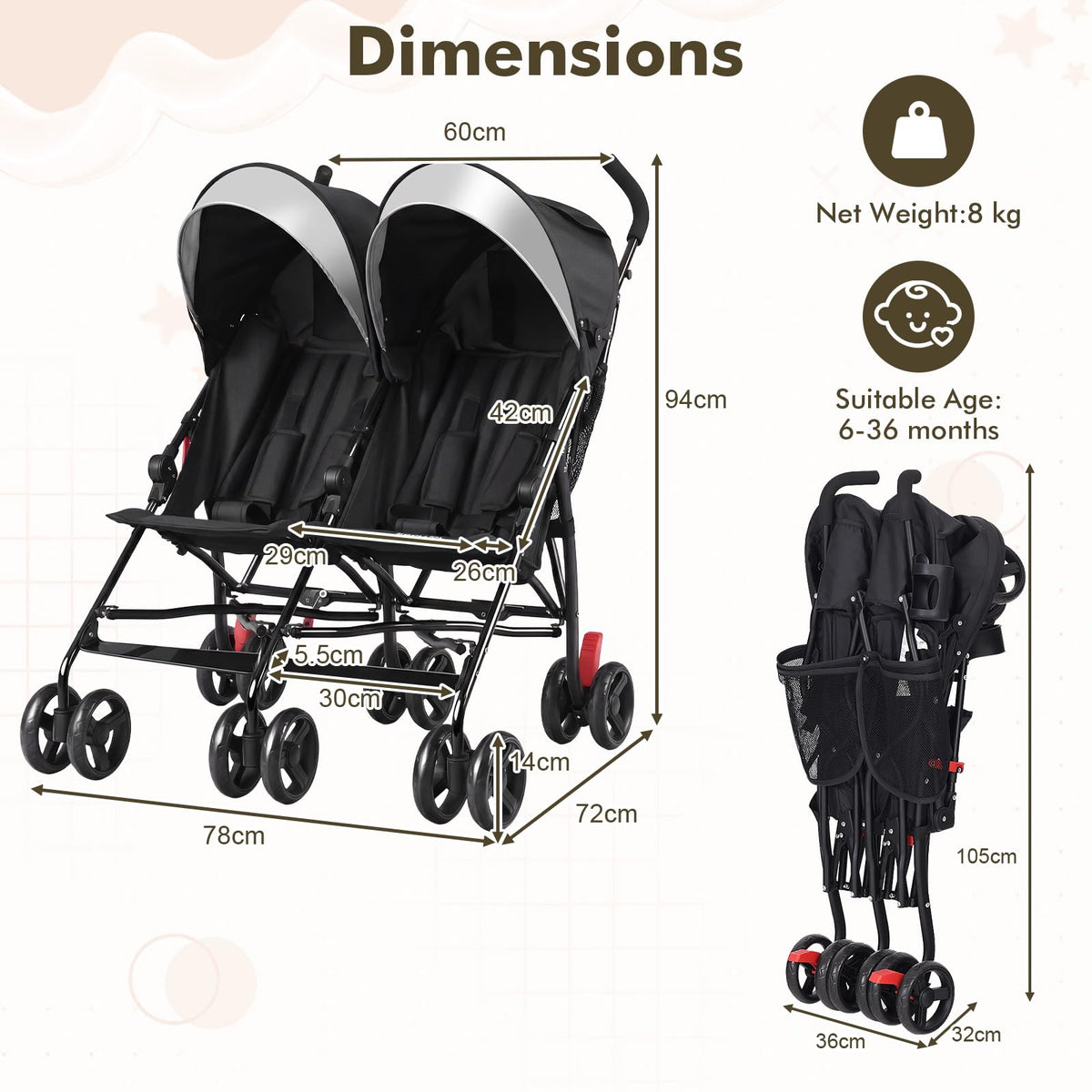 Lightweight Double Umbrella Stroller with Cup Holder and Adjustable Canopy B1335