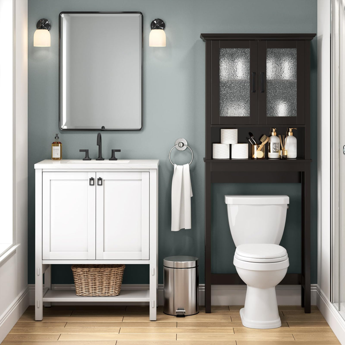 Over Toilet Storage Cabinet with Glass Doors and Adjustable Shelf X9058