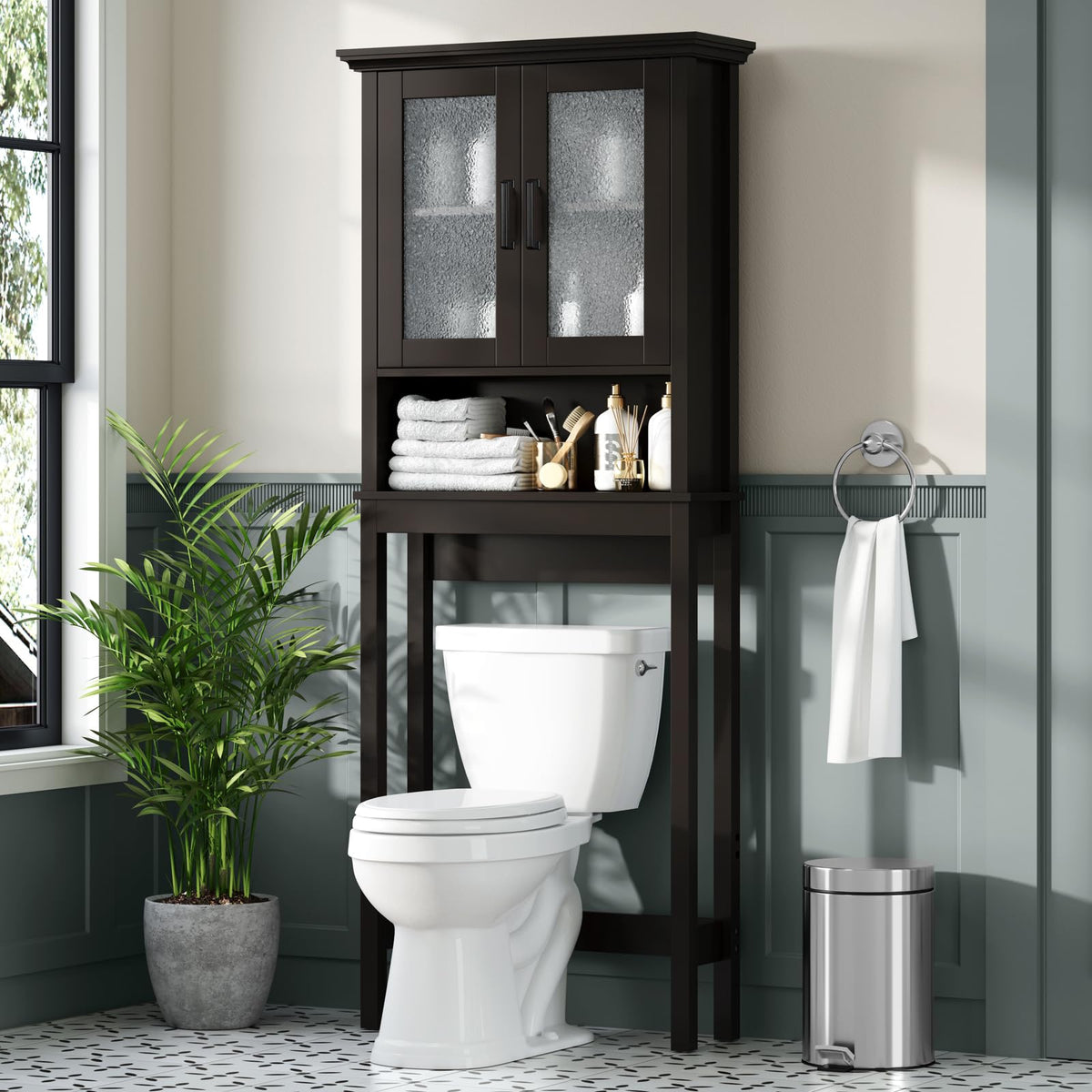 Over Toilet Storage Cabinet with Glass Doors and Adjustable Shelf X9058