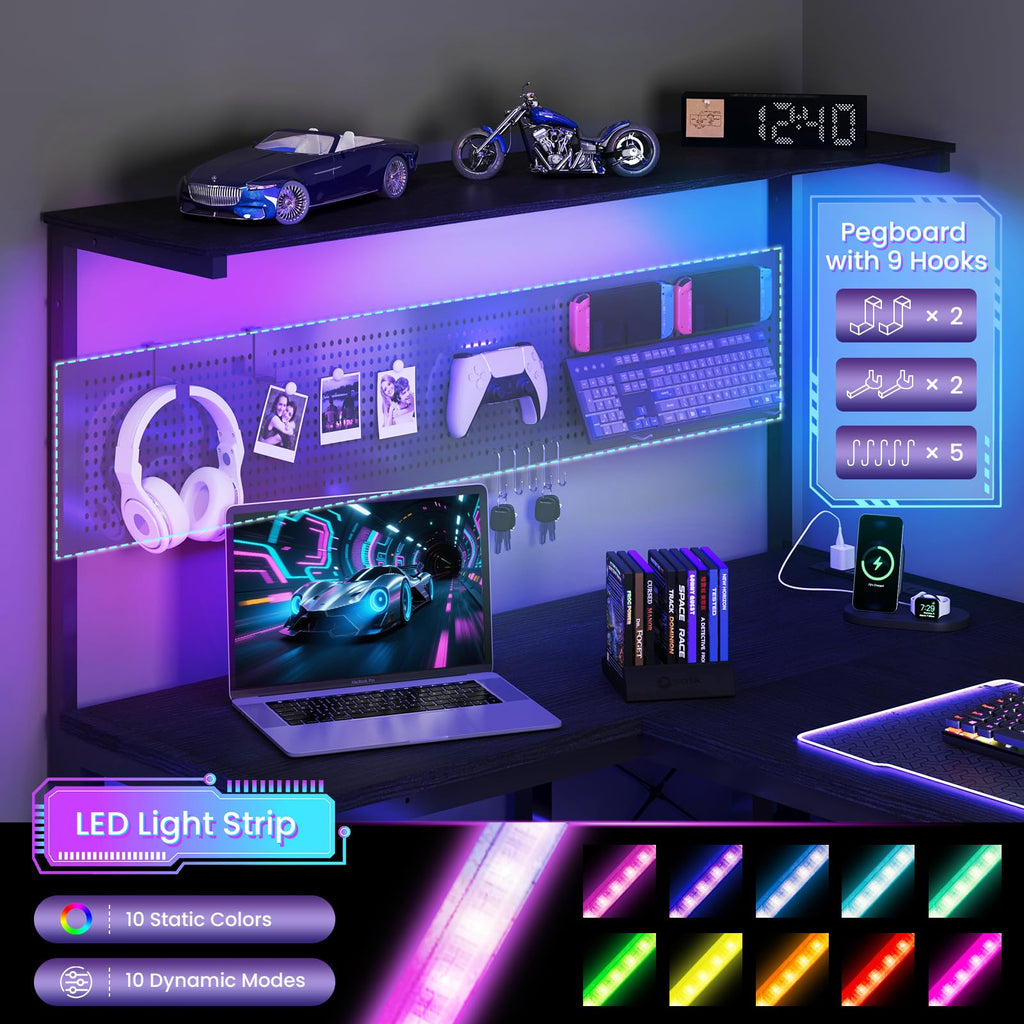 47in Black L Shaped Gaming Desk with Pegboard G185