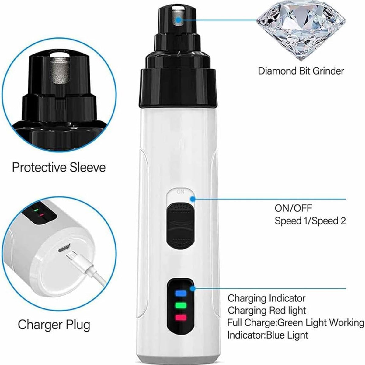 Electric Dog Nail Grinder & Trimmer Rechargeable Quiet Low Vibration Pet Grooming Tool with LED Light 2Pcs T433