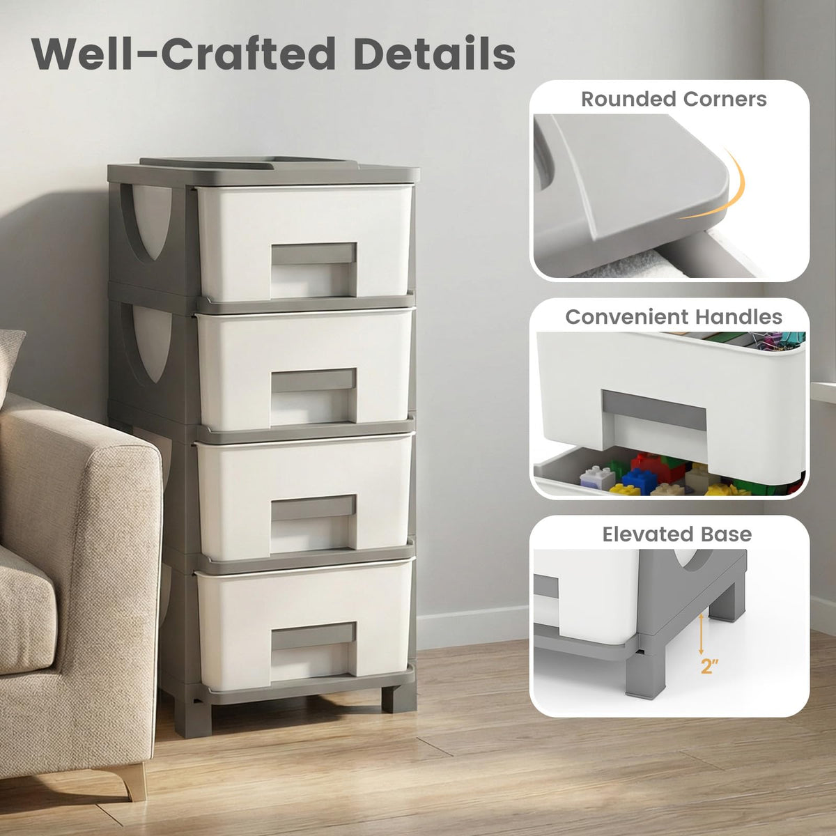White Grey 4 Drawer Plastic Storage Tower W529