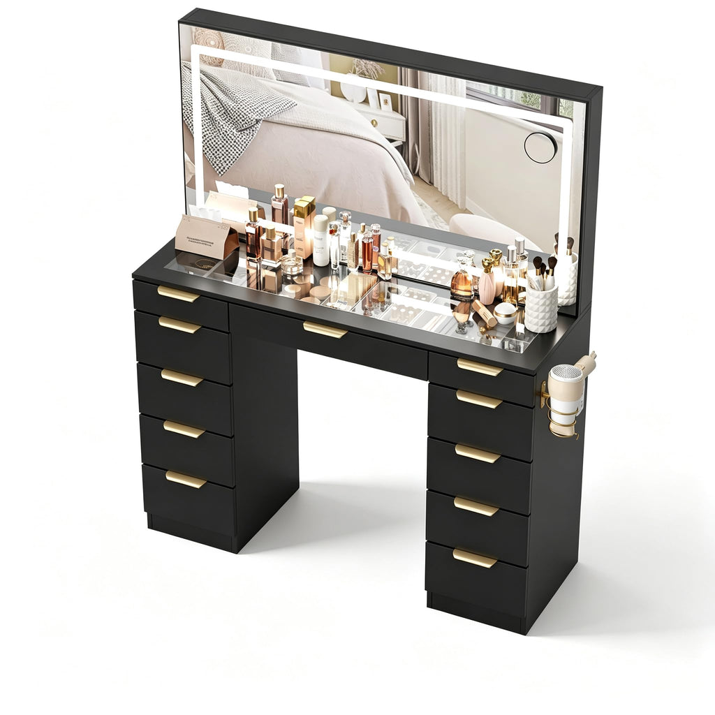 Glass Top Vanity Desk with Mirror and Lights, 11 Drawers Makeup Vanity with Stool K386