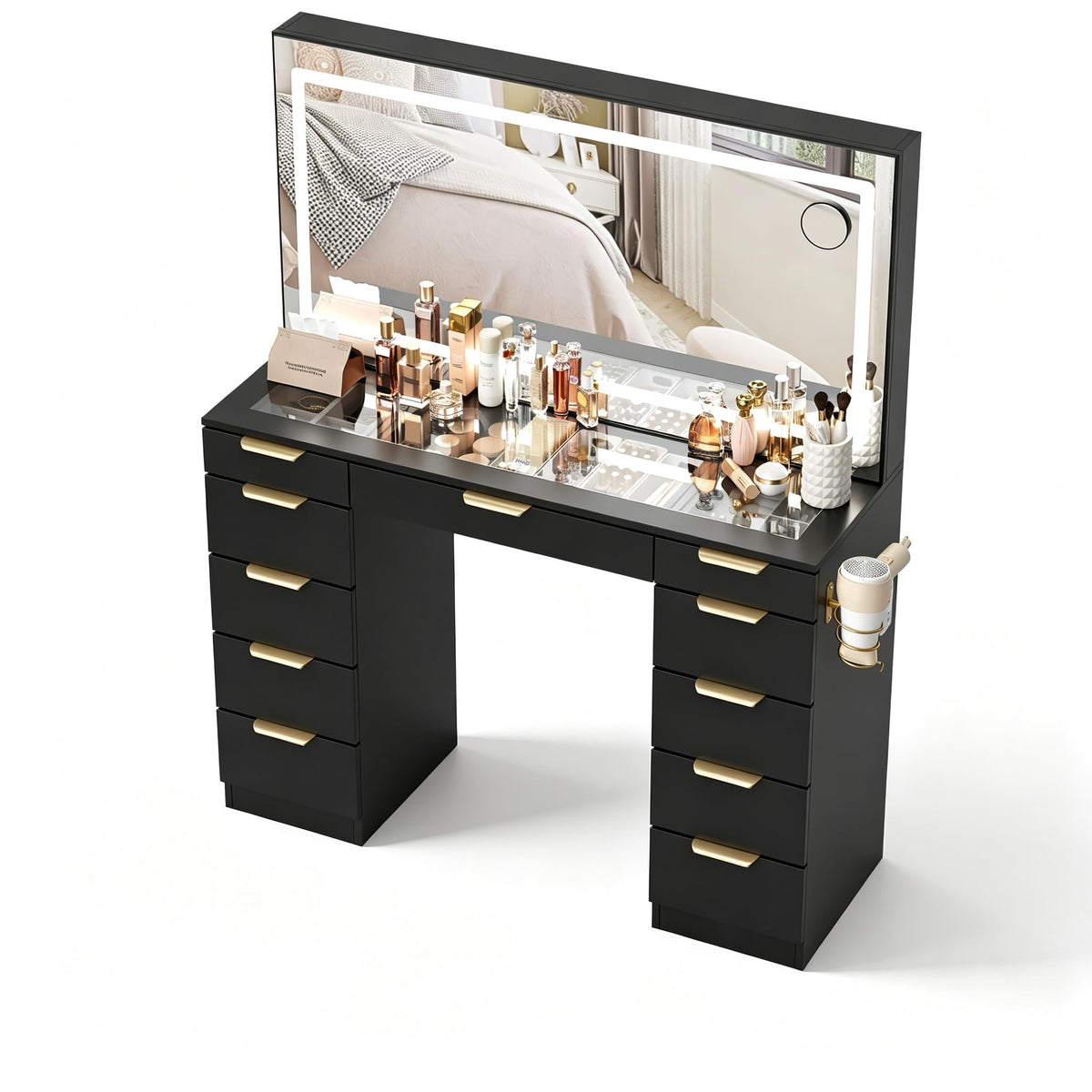Glass Top Vanity Desk with Mirror and Lights, 11 Drawers Makeup Vanity with Stool K386