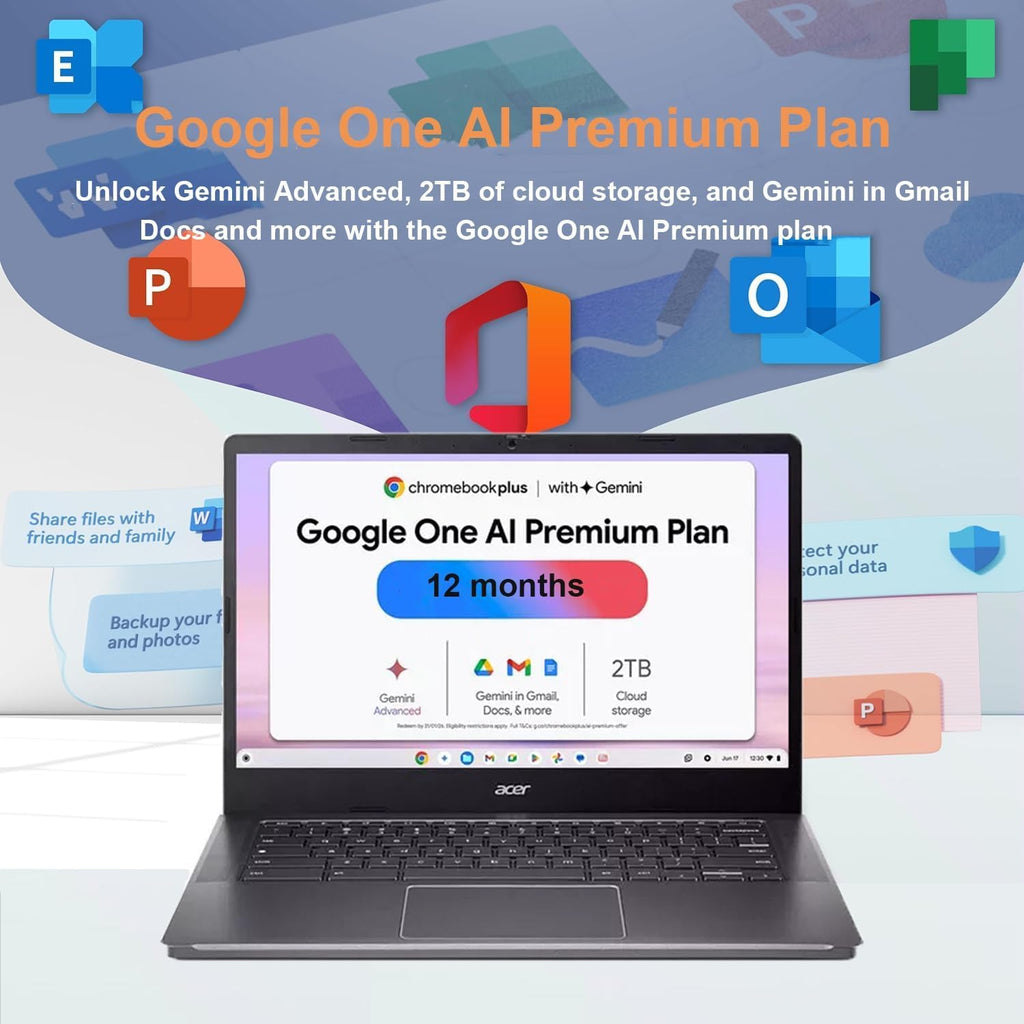 Chromebook Plus 514 Laptop with Google AI, Intel 8-Core i3-N305, 8 GB LPDDR5, 512 GB SSD, 14" FHD IPS Touch Screen, Wi-Fi 6E, Chrome OS L185