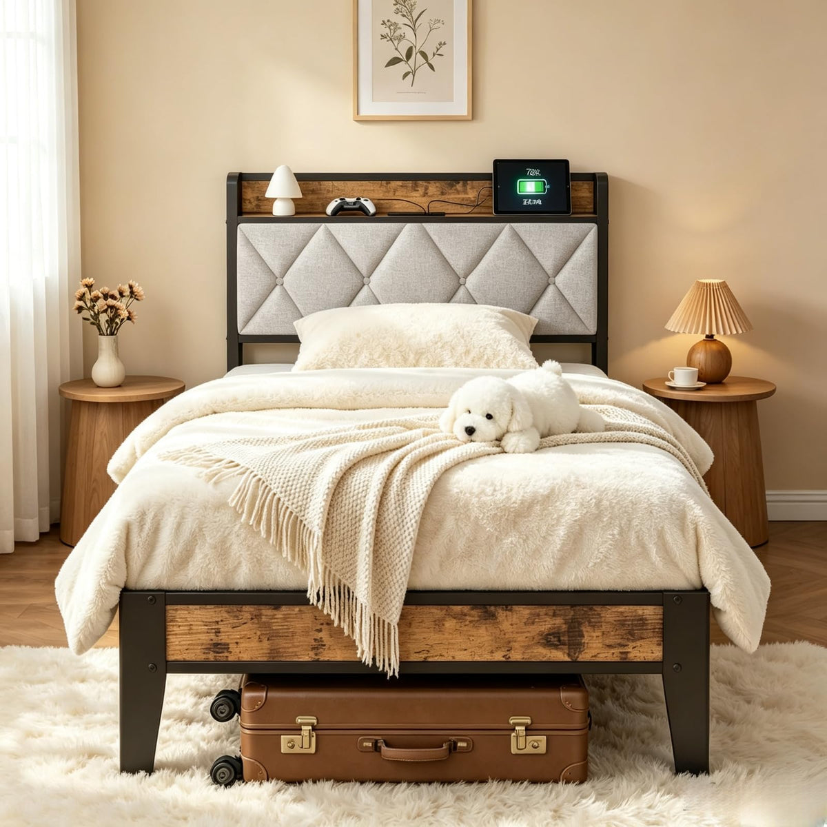 Twin Bed Frame with Headboard and Charging Plug Z386124