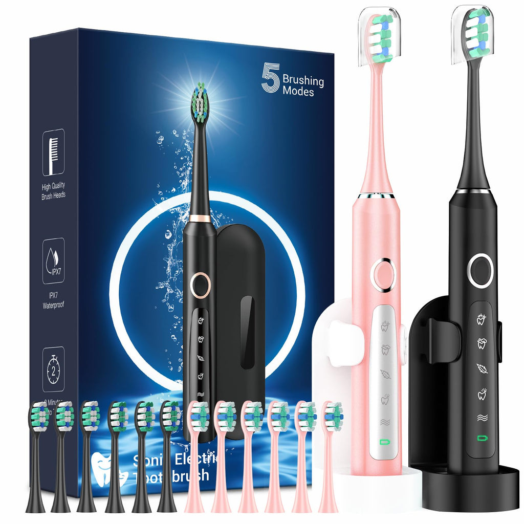 2 Pack Rechargeable Electric Toothbrush with 12 Brush Heads & 2 Travel Case H885081