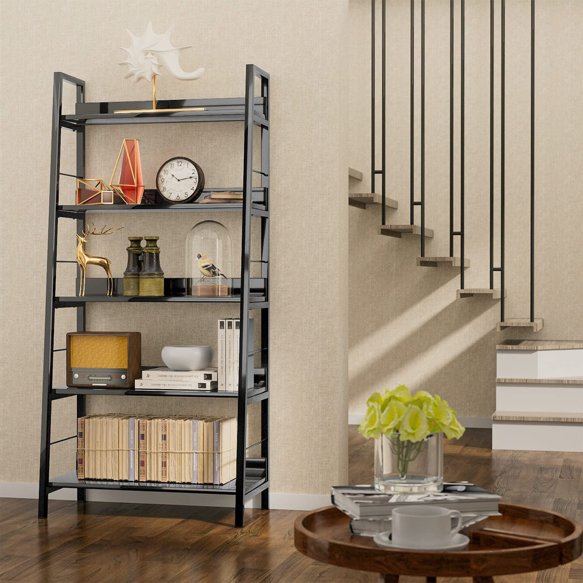Black 5 Shelf Wood and Metal Bookshelf T628