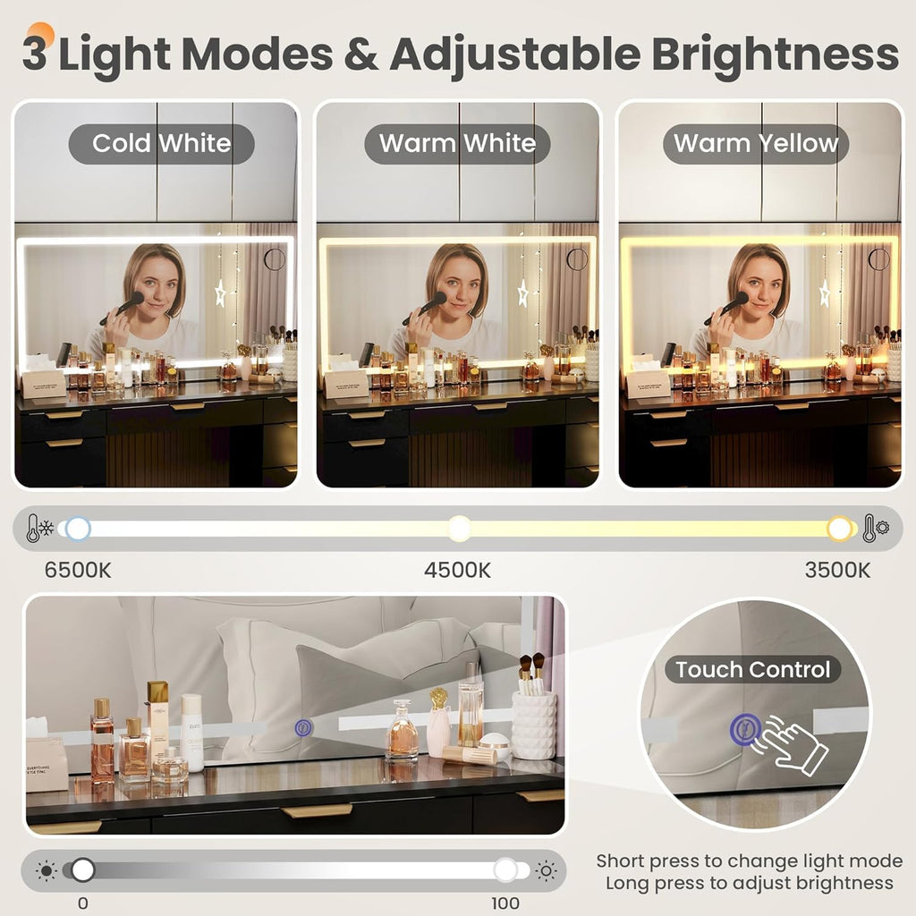 Glass Top Vanity Desk with Mirror and Lights, 11 Drawers Makeup Vanity with Stool K386