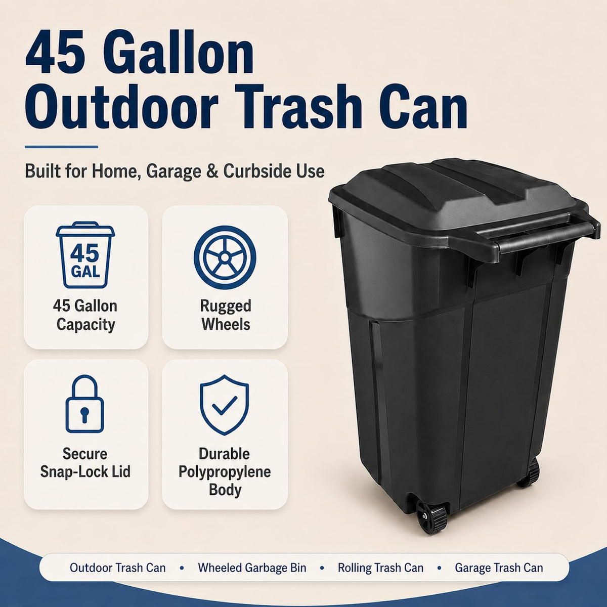 45 Gallon Wheeled Outdoor Trash Can with Lid L4646
