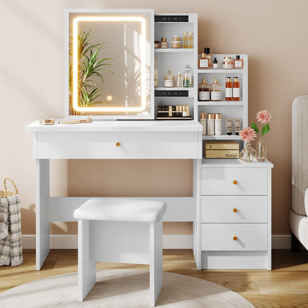 White Makeup Vanity Desk with Sliding Mirror & 4 Drawers R24225