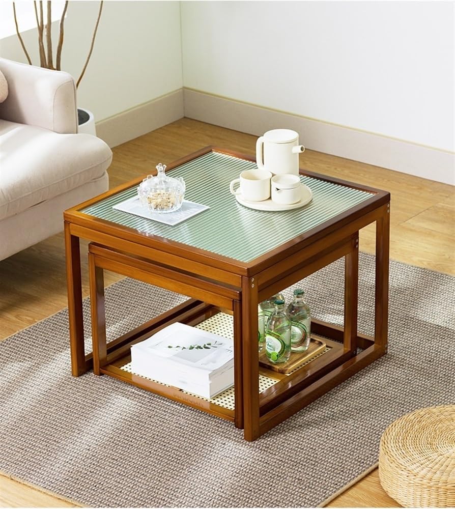 Nesting Coffee Tables Set of 2 Wooden Square Side Table with Tempered Glass Top Z160744