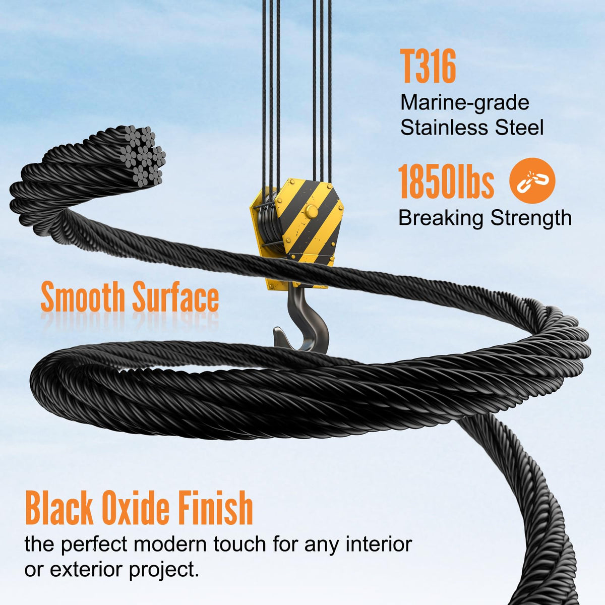 1000FT 1/8" Black Stainless Steel Cable with Cutter P6515