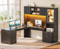 67" L Shaped Desk with Hutch and Power Outlets, Black O39247