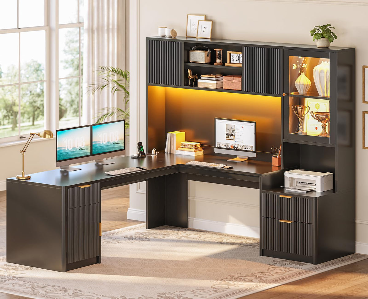 67" L Shaped Desk with Hutch and Power Outlets, Black O39247
