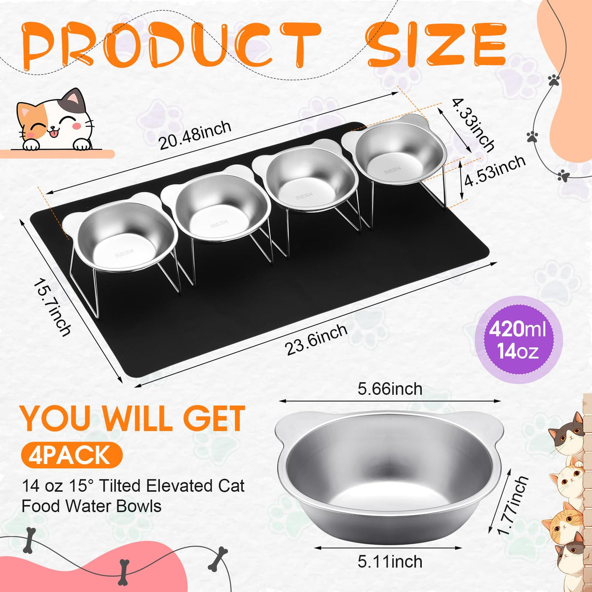 4 Set Elevated Stainless Steel Cat Food Water Bowls S5518