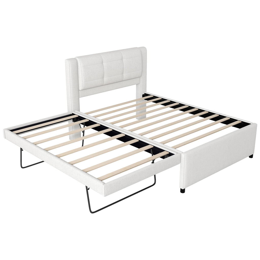 Full Size Linen Fabric Upholstered Platform Bed with Twin Size Trundle B22199