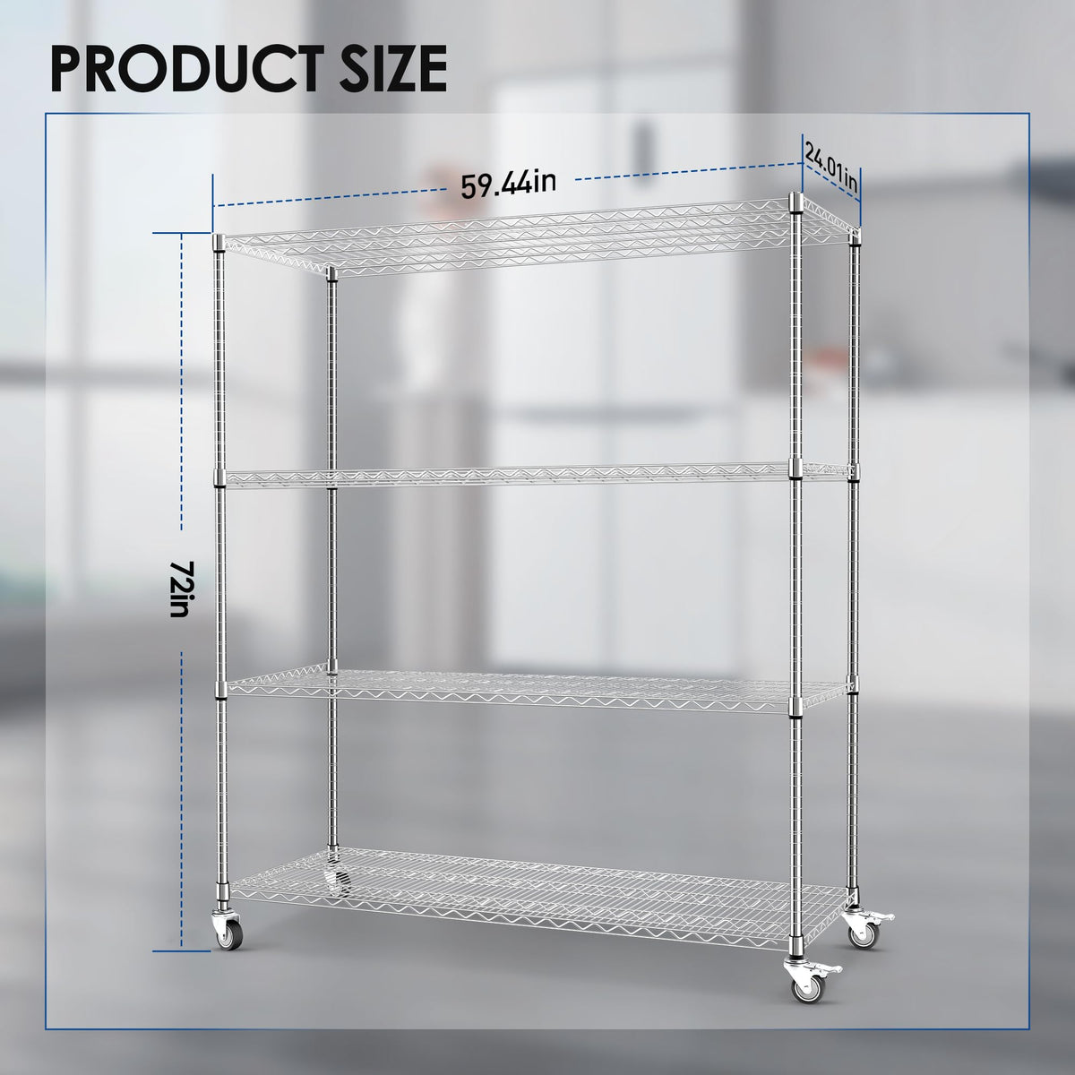 60" W 4-Tier Heavy Duty Wire Shelving 72" H x 24" D Metal Storage Rack with Wheels A176
