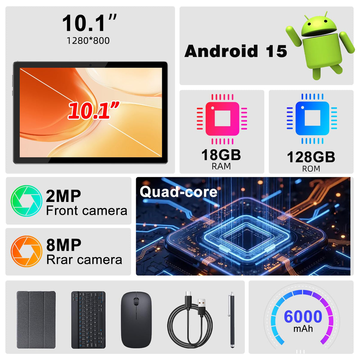 Android 15 10 Inch 18GB RAM 128GB ROM Tablet with Keyboard Case Mouse Stylus G167
