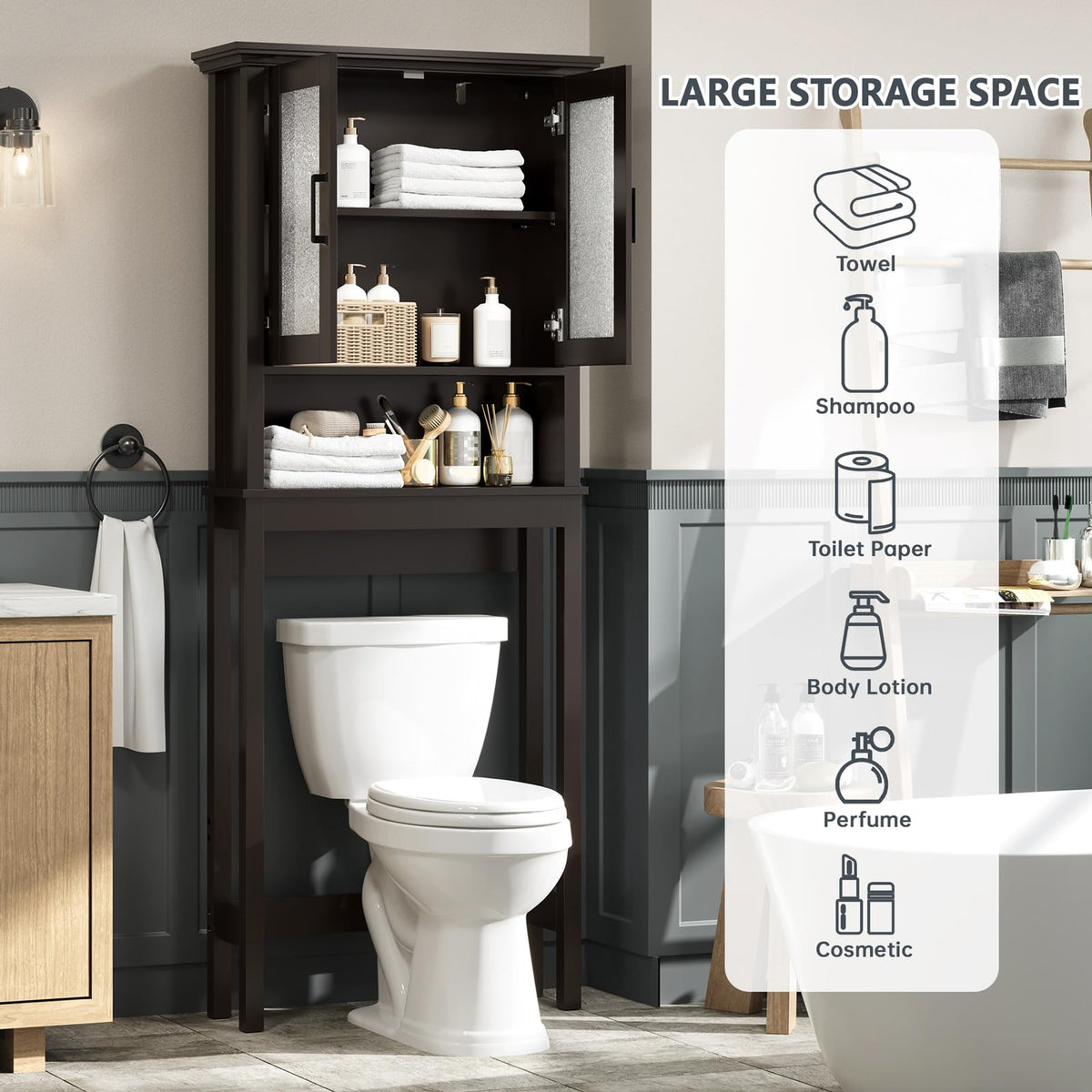 Over Toilet Storage Cabinet with Glass Doors and Adjustable Shelf X9058