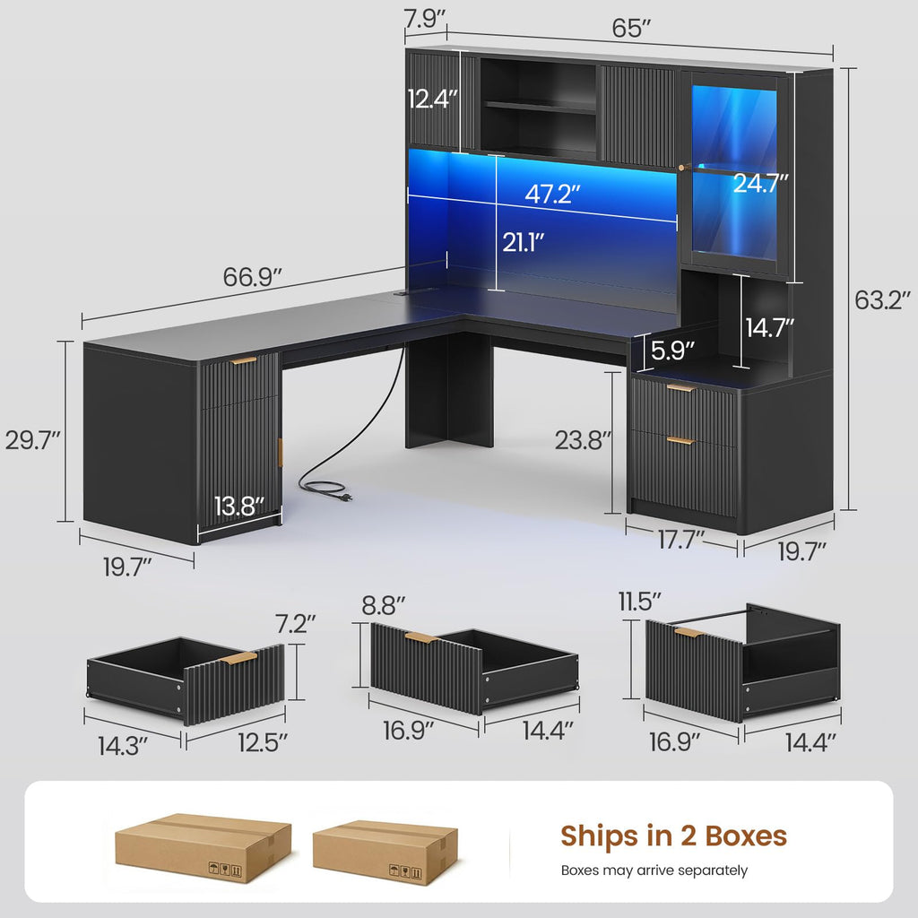 67" L Shaped Desk with Hutch and Power Outlets, Black O39247