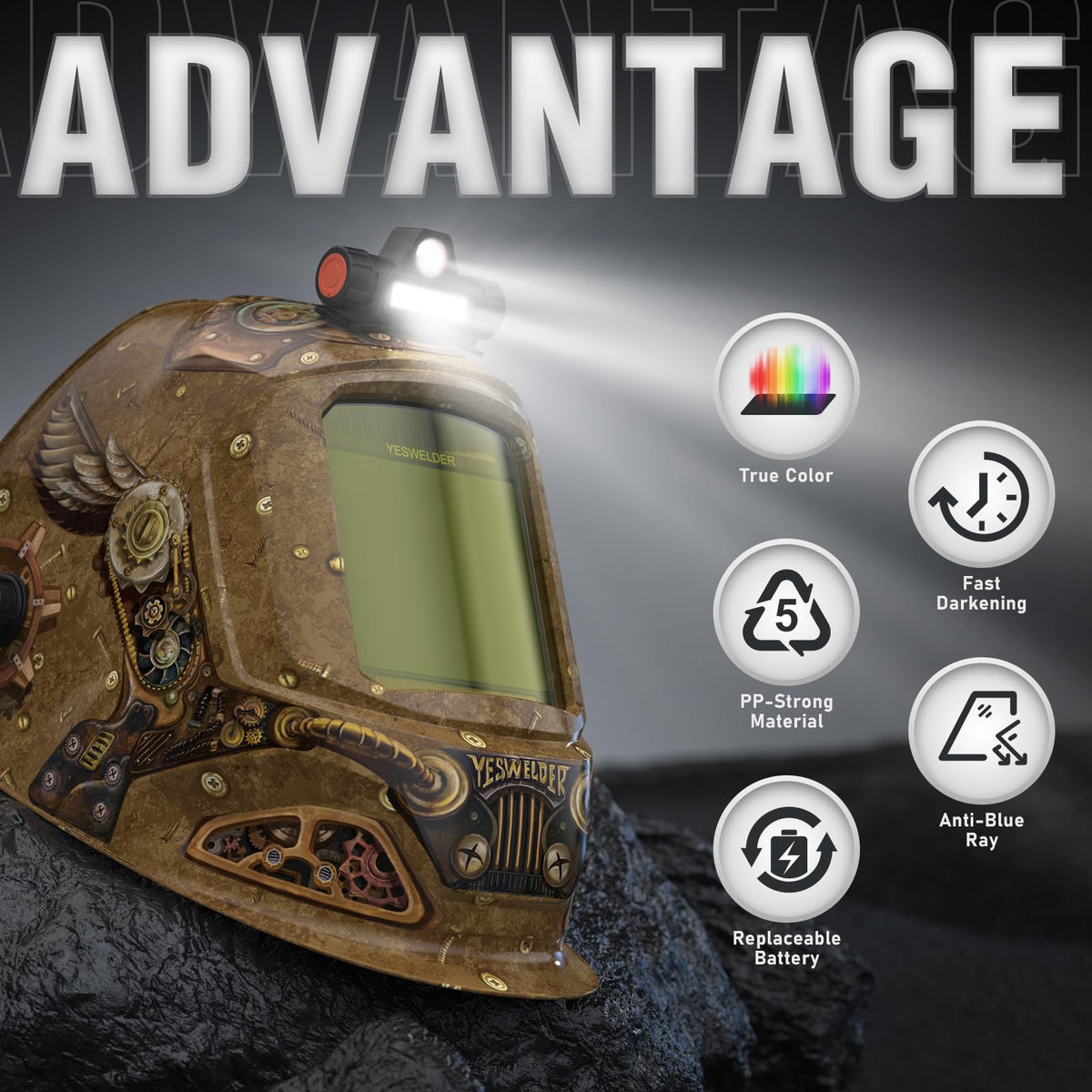 Auto-Darkening Welding Helmet with USB LED Work Light U679