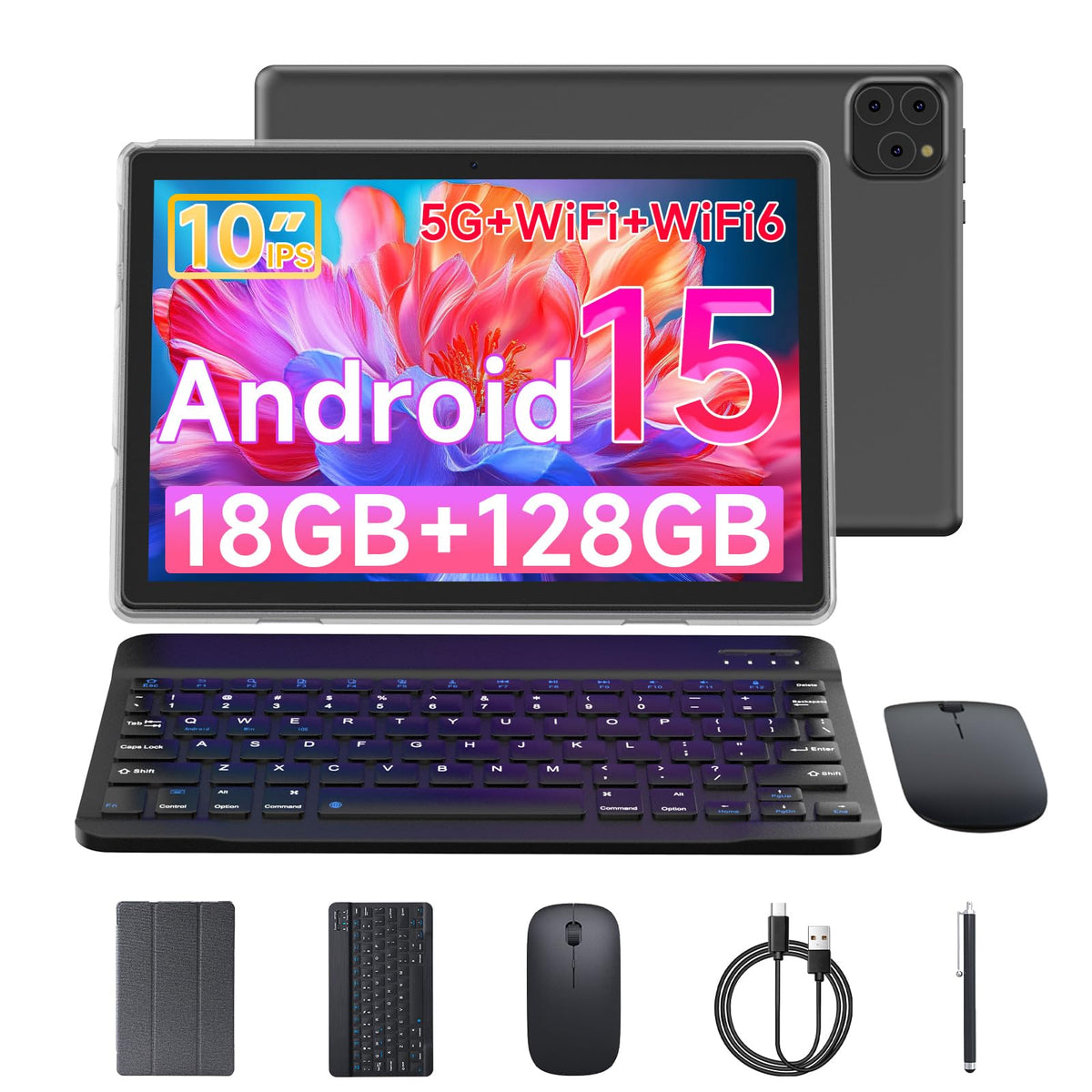Android 15 10 Inch 18GB RAM 128GB ROM Tablet with Keyboard Case Mouse Stylus G167