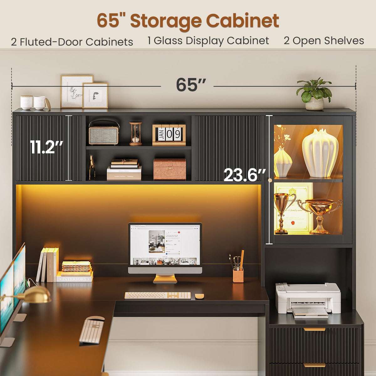 67" L Shaped Desk with Hutch and Power Outlets, Black O39247