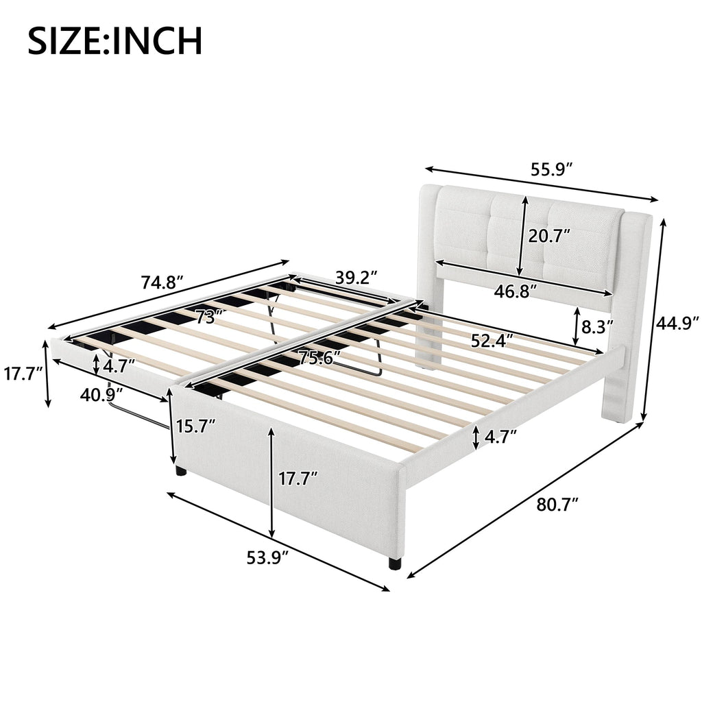 Full Size Linen Fabric Upholstered Platform Bed with Twin Size Trundle B22199