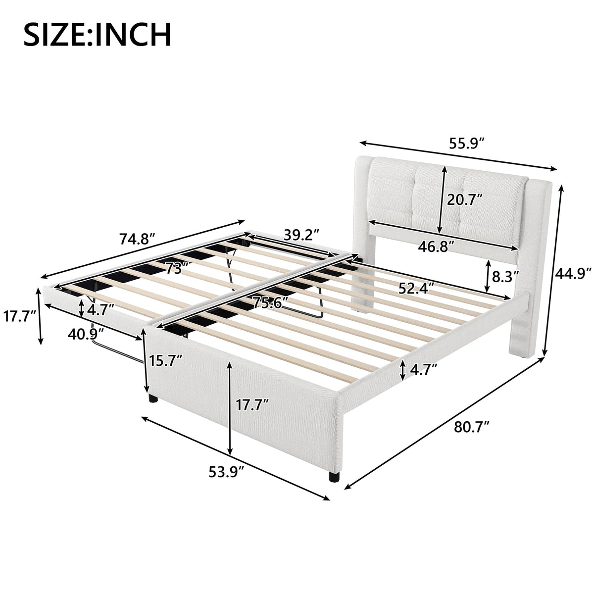 Full Size Linen Fabric Upholstered Platform Bed with Twin Size Trundle B22199
