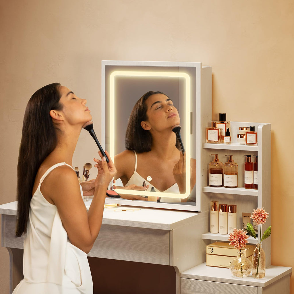 White Makeup Vanity Desk with Sliding Mirror & 4 Drawers R24225