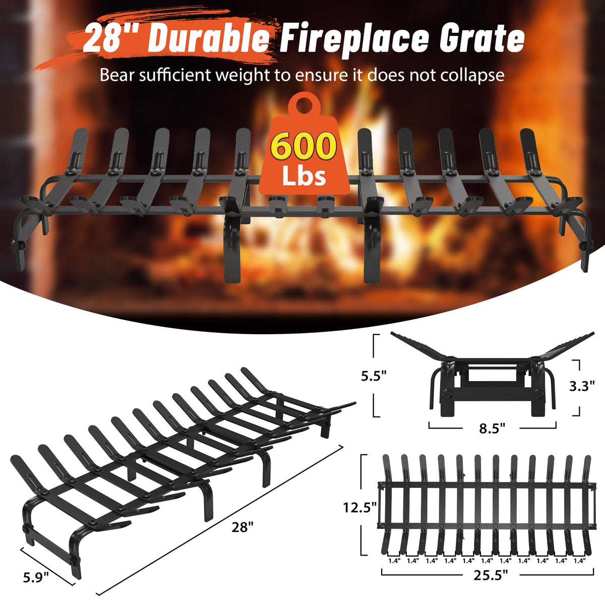 Black Steel Fireplace Grate 28 x 12.5 Inches B281