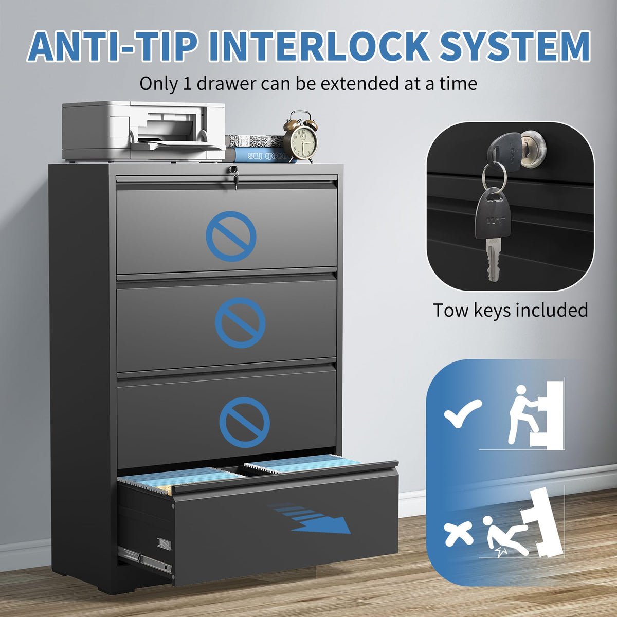 Black 4 Drawer Metal Lateral File Cabinet with Lock Z209