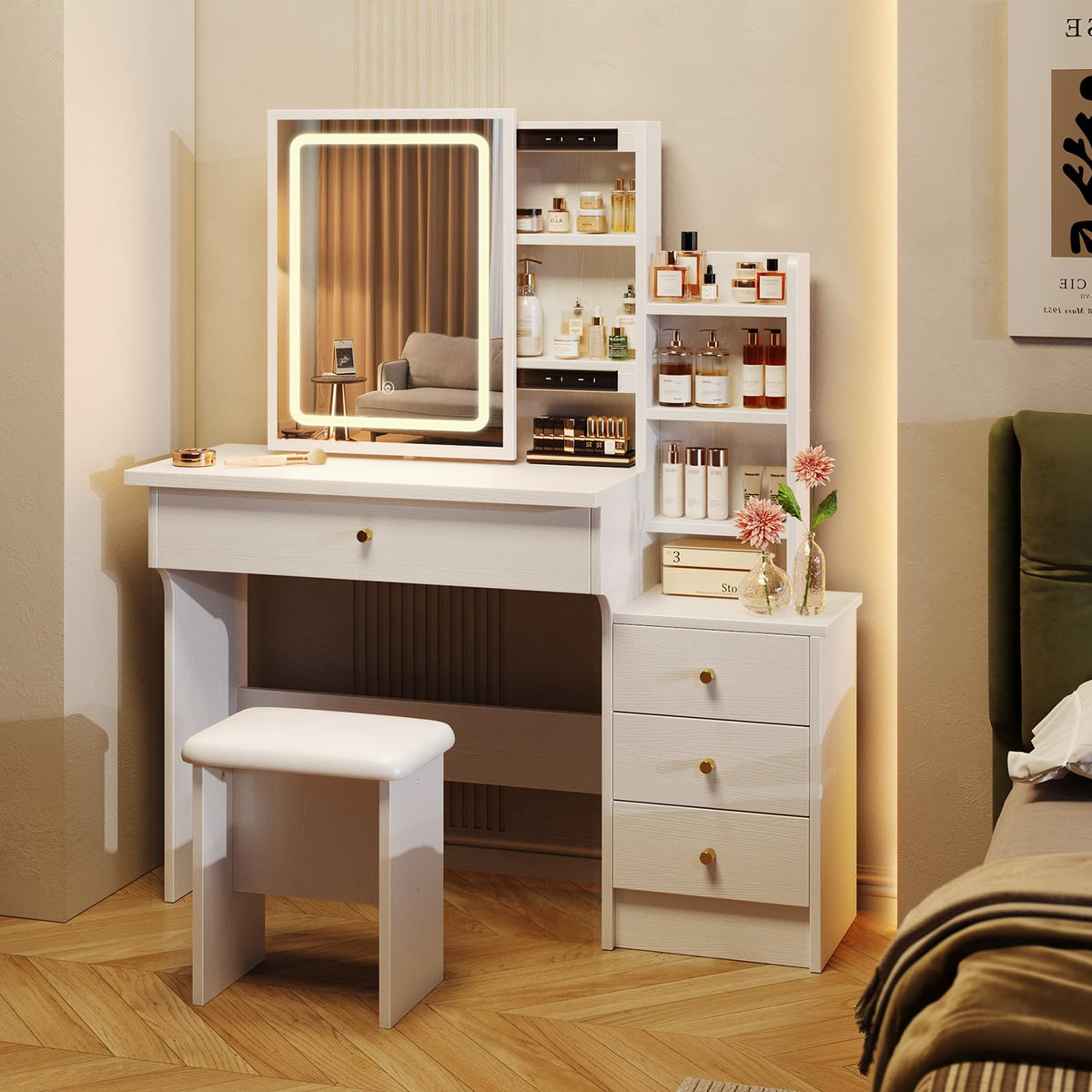 White Makeup Vanity Desk with Sliding Mirror & 4 Drawers R24225